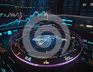 A digital interface features a 3D globe displaying a global map