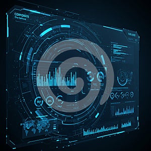 A digital interface features futuristic holographic elements in a dark environment.