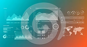 Digital interface featuring assorted data visualizations, including line and bar graphs,