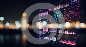 A digital interface featuring colorful graphs, charts, and data visualizations is