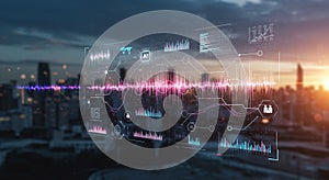 Digital interface featuring data visualizations, graphs, and charts over a blurred