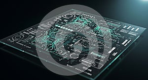 A digital interface featuring futuristic circuit board designs and data visualizations.