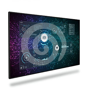Digital interface featuring multiple data visualization panels with circuit patterns,