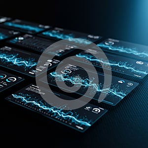 Digital interface featuring multiple screens displaying data visualizations. The dark