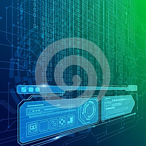 Digital interface featuring a stream of binary code 0s and 1s in the