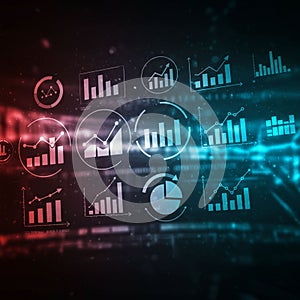 Digital interface featuring various data charts and graphs, including bar charts, line