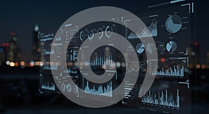 Digital interface featuring various data visualizations, including bar graphs, line charts,
