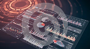 Digital interface featuring various data visualizations, including bar graphs, line charts,