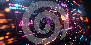 Digital interface featuring vibrant graphs and data visualizations in a futuristic design