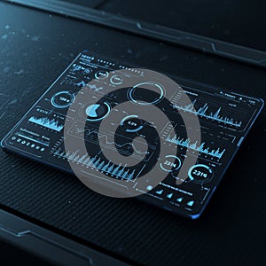 A digital interface with a futuristic design, displaying various data visualizations such