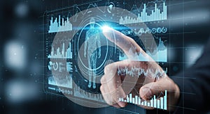 Digital interface with glowing charts data analysis and fingertip touching screen technology innovation