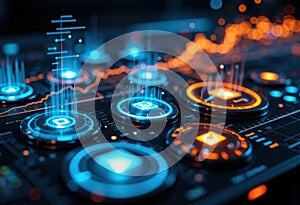 Digital interface with glowing icons and data lines representing technology and