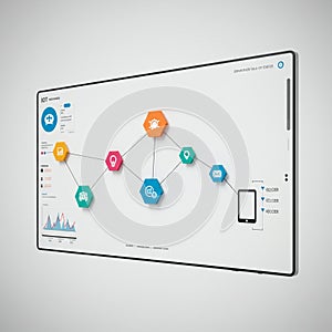 A digital interface with hexagonal icons connected by lines, representing a network.