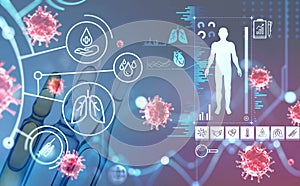 Digital interface with human body and icons of lungs, heart