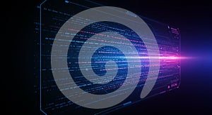 Digital interface with lines of code on a dark background. The text appears in white and