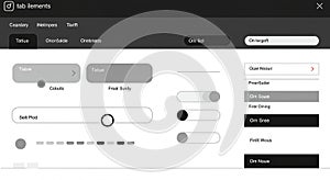 A digital interface mock-up showcasing various UI elements. The design features