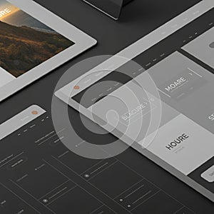 Digital interface mockup displaying website templates on tablets.