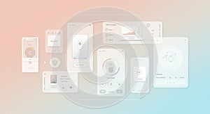 Digital interface mockup featuring multiple translucent app screens on a gradient