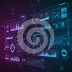 Digital interface with multiple data charts and graphs in a virtual, holographic style.