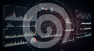 Digital interface with multiple data visualizations, including line graphs, bar charts,