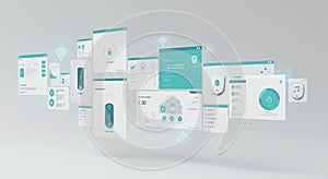 Digital interface with multiple floating screens showcasing various applications and