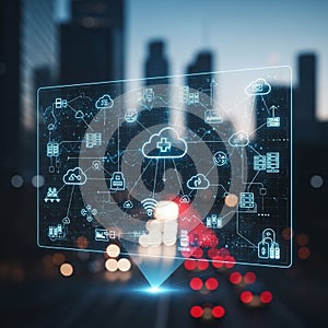 Interconnected icons related to cloud computing and technology