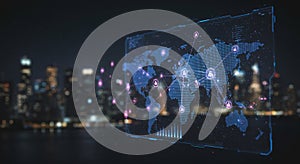 A digital interface overlay displays a stylized world map, interconnected by network