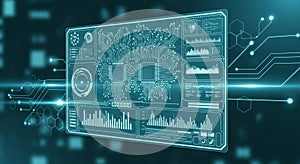 Digital interface panel with circuit board patterns data charts
