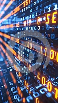 Digital interface with pixelated data stream, binary code, and encryption concept, glowing dots