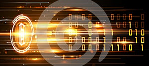 Digital interface with pixelated data stream, binary code, encryption concept and glowing dots.