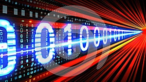 Digital interface pixelated data stream, binary code encryption concept, glowing red blue dots.