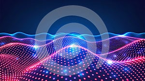 Digital interface, pixelated data stream, binary code, encryption concept, glowing red and blue dots