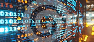 Digital interface with pixelated data stream, glowing binary code, and encryption concept