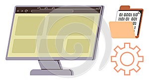 Digital Interface with Screen, Folder, and Gear Representing Data Management and Workflow