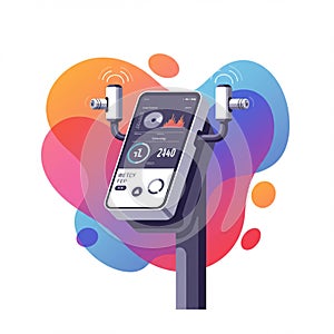 A digital interface set against a multicolored abstract background, featuring a