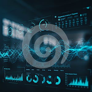 A digital interface showcases data analytics with a futuristic design. Blue-toned