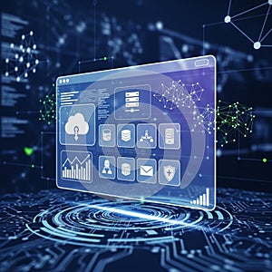 Digital interface showcasing cloud computing and data management concepts