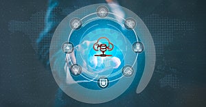 A digital interface showcasing a cloud database system with interconnected technology icons, representing cloud computing, data