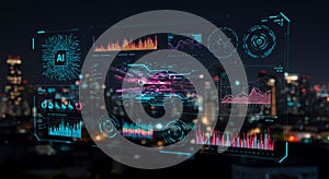 Digital interface showcasing data analytics and AI integration. Features include