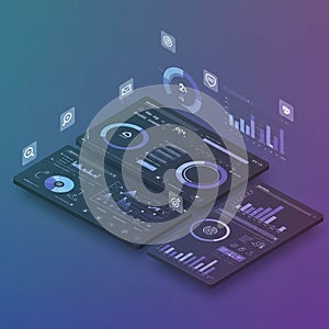 Digital interface showcasing data analytics and visualization elements. Multiple