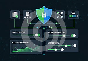 Digital interface showcasing data security features. Central shield