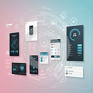 A digital interface showcasing multiple virtual screens with various data visualization