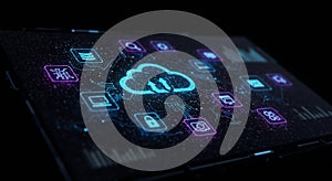 Digital interface showing a cloud computing concept. Central cloud icon surrounded