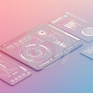 Digital interface with various data visualizations, including circular and bar graphs.
