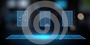 Digital Interface with Virtual Panels Displaying Interactive Elements and Data Visualizations