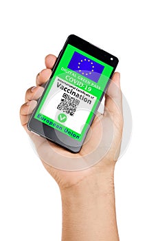 Digital International certificate of vaccination. European Green Pass showed on display of smartphone isolated photo