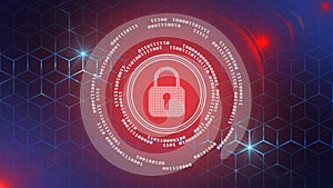 Digital internet cyber security technology concept - binary code circles around padlock on graphic cube pattern background