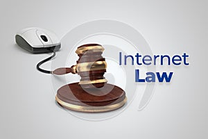 Digital internet law rendering concept with mouse and gavel connection