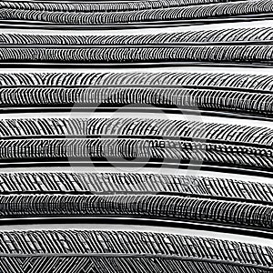 A digital interpretation of a tire tread, with textured and patterned shapes resembling the grooves of a tire1, Generative AI