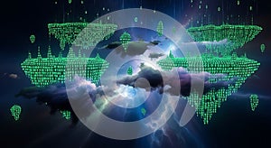 Digital Islands in the Sky Binary Code, Data Stream, Fantasy Landscape